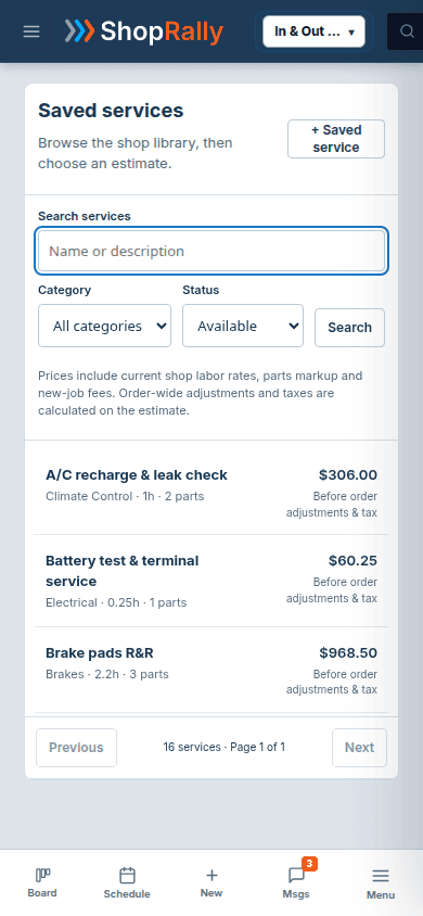 Live ShopRally SMS: Saved services at phone width — Brake pads R&R in the shop library