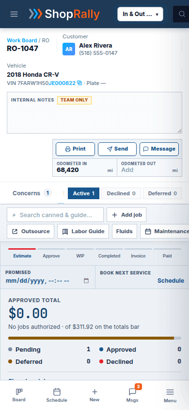 Live ShopRally SMS: RO-1047 estimate chrome at phone width — Alex Rivera, 2018 Honda CR-V, illustrative $311.92