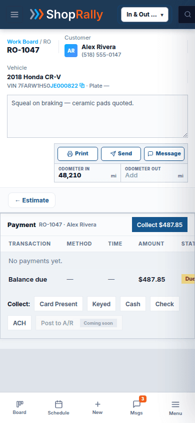 Live ShopRally SMS: RO-1047 Payment panel at phone width — balance due $487.85 and recorded method chips